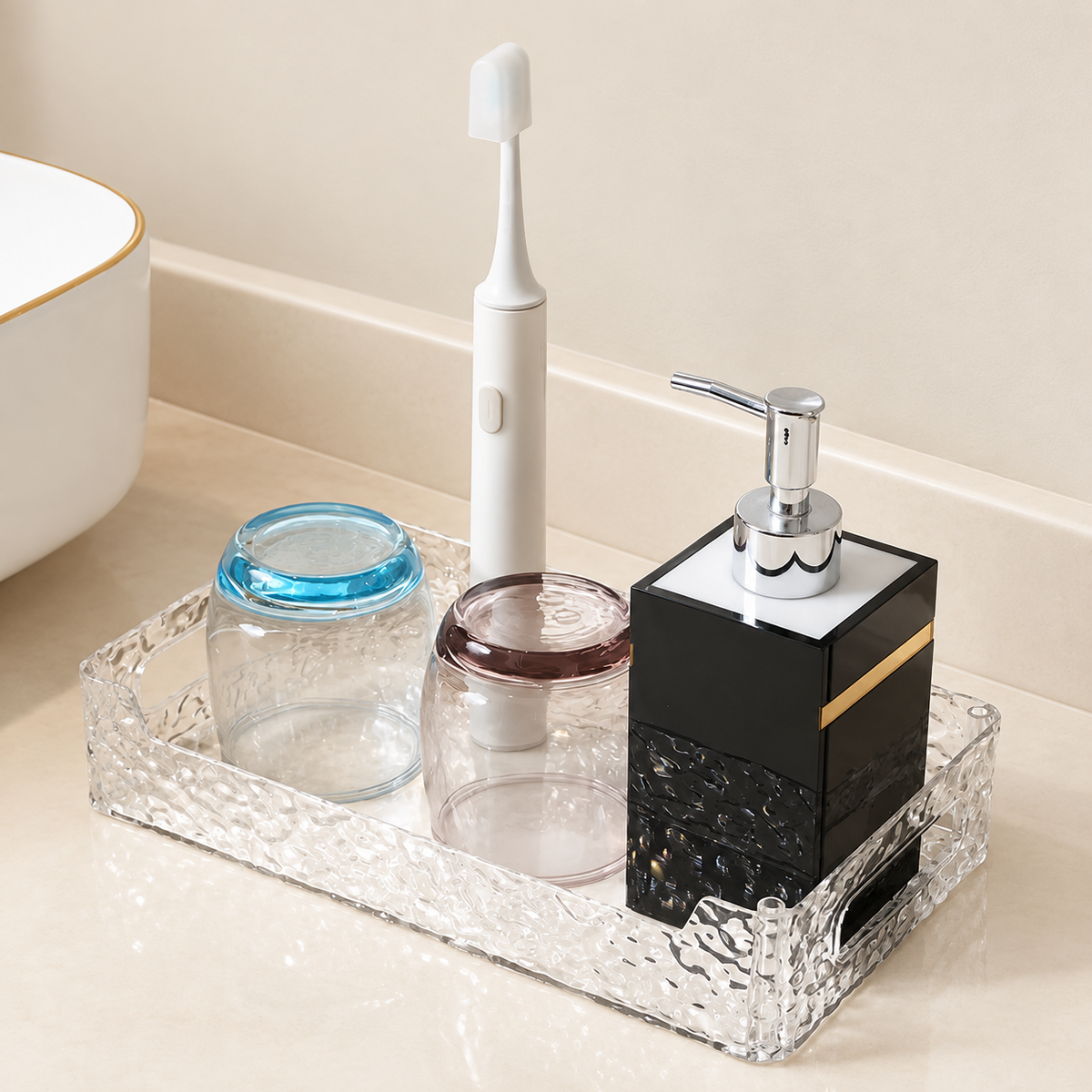 Rectangular glitter vanity organizer tray with clear open center and faceted sides