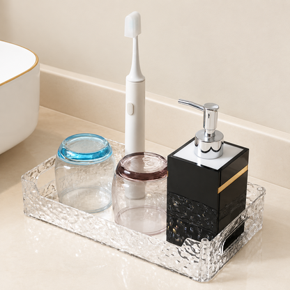 Rectangular glitter vanity organizer tray with clear open center and faceted sides