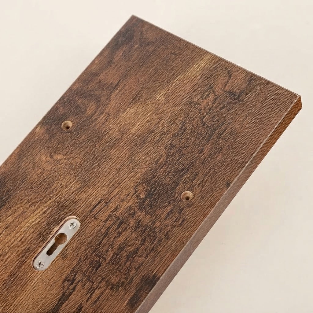 Rustic wooden 5-tier wall shelf with metal hanging plate and screw holes