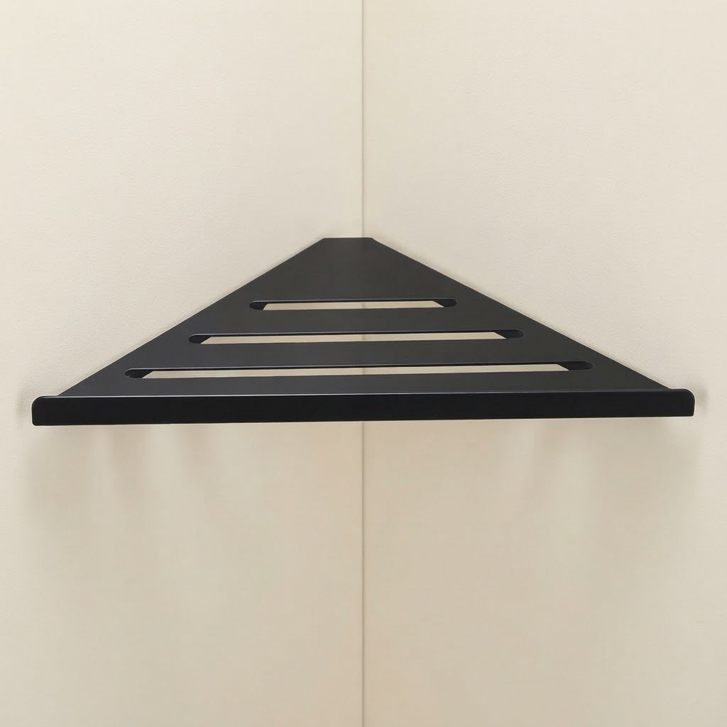 Black stainless steel slatted corner shelf with three bar openings.