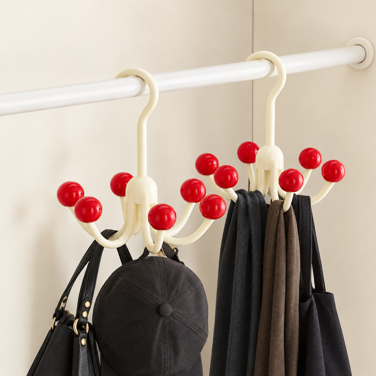 White rotating hanger with red ball hooks for accessories
