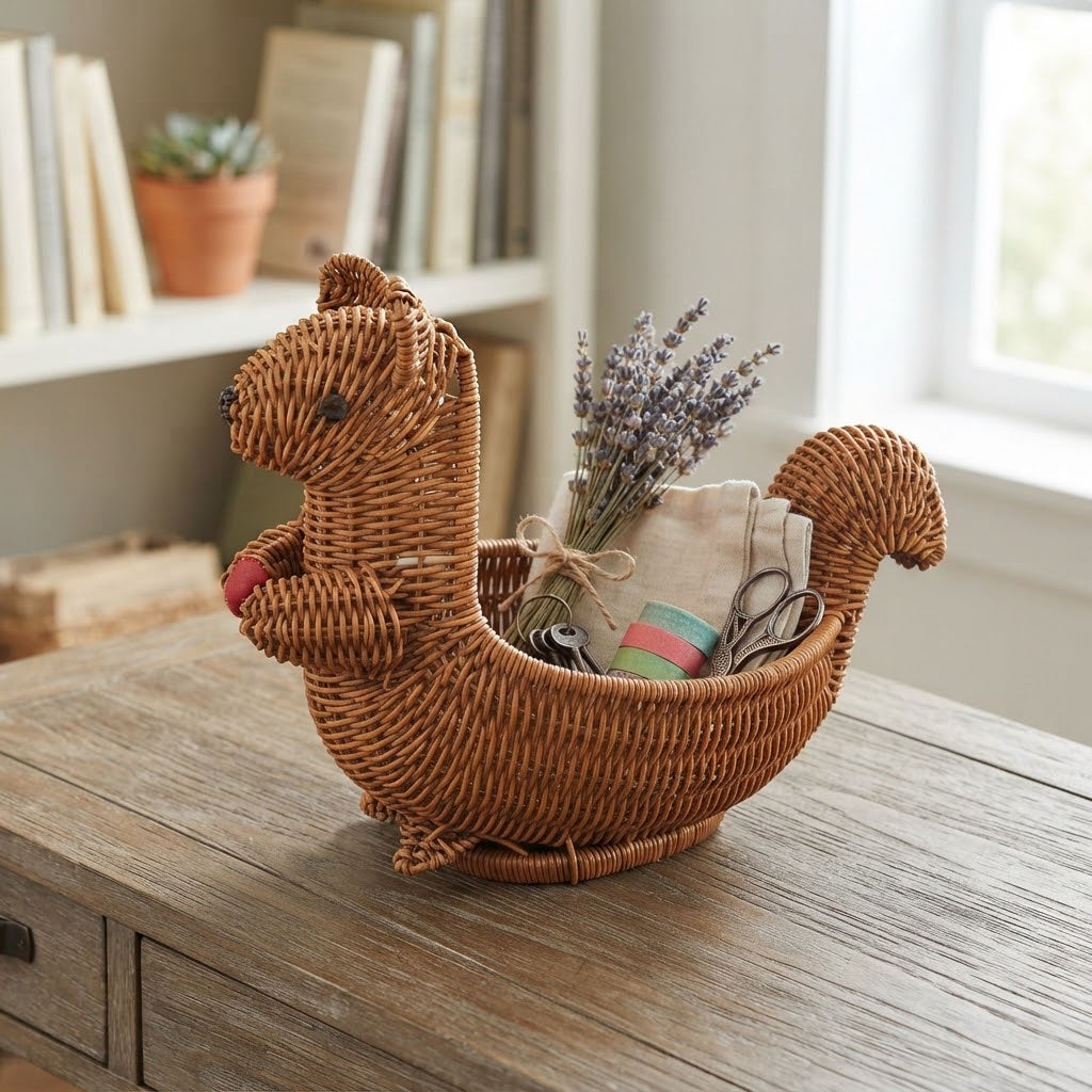 Woven bamboo animal storage basket with braided body, curled base, and side handle