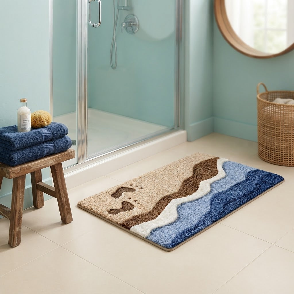 Fowey beach wave microfibre non-slip bath mat with footprint beach pattern, blue border