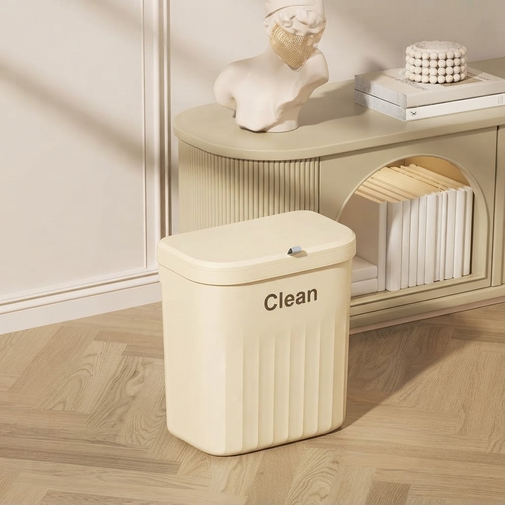 Cream two-way hanging cupboard door bin with lid closed and “Clean” label