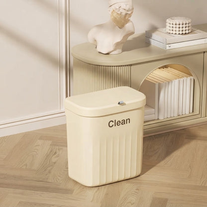Cream two-way hanging cupboard door bin with lid closed and “Clean” label