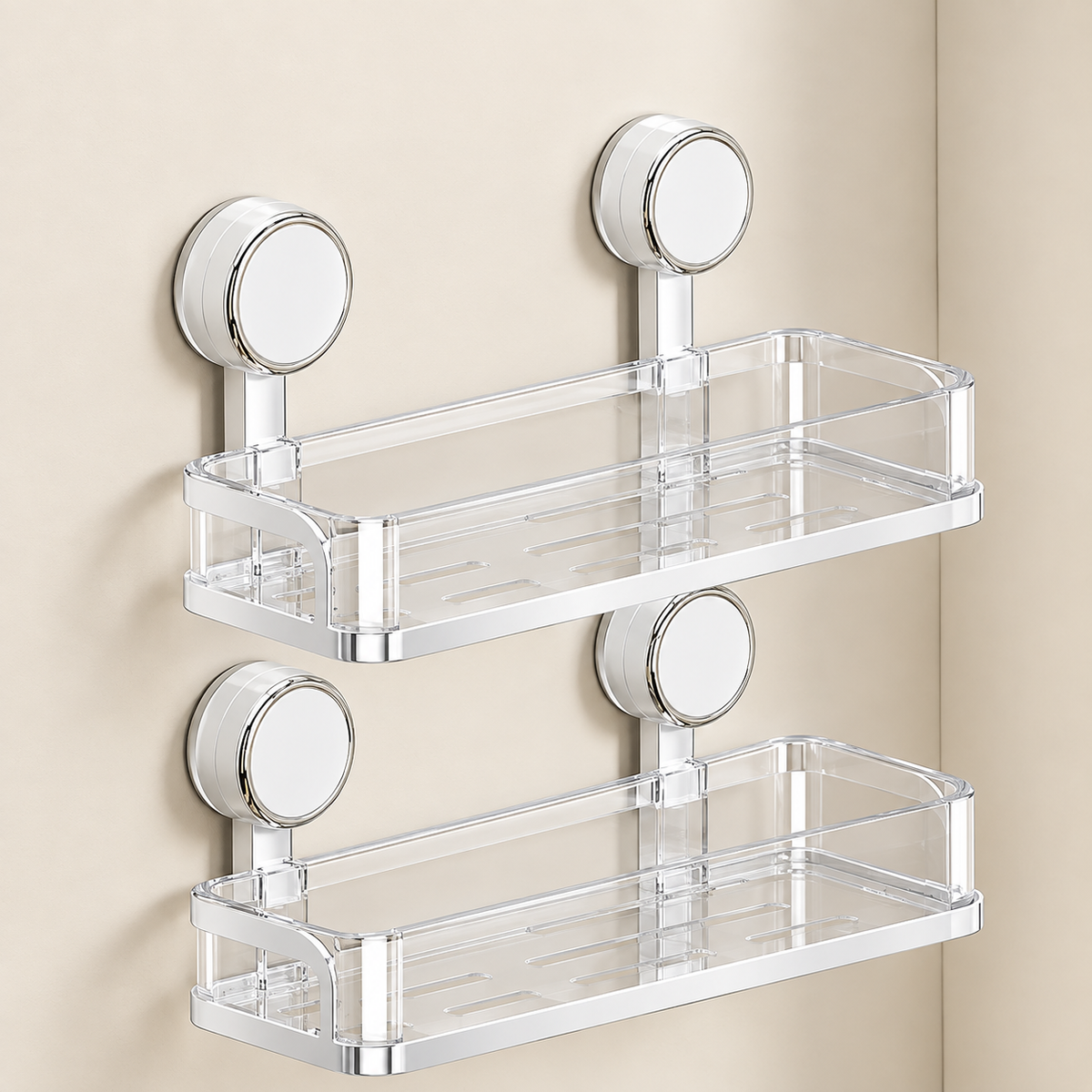 Korva suction-cup shower caddy with clear acrylic shelves and chrome mounts, 2 tiers.