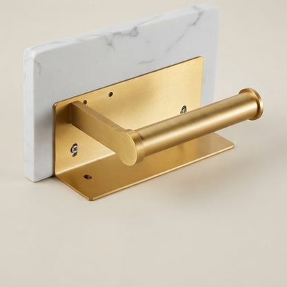 Marble-look toilet roll holder with wall-mount gold plate and cylindrical support bar