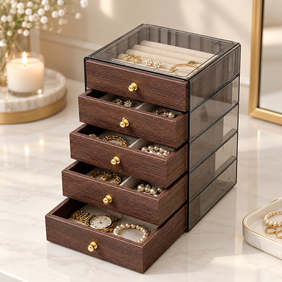 Walnut wood jewelry box with clear glass sides, gold knobs, and tiered drawers