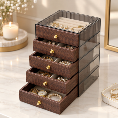 Walnut wood jewelry box with clear glass sides, gold knobs, and tiered drawers