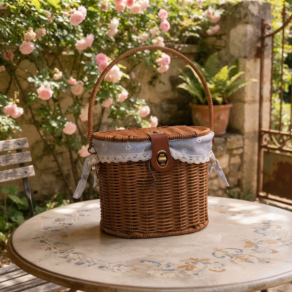 Faux rattan storage basket with arched handle and white lace-trimmed lid