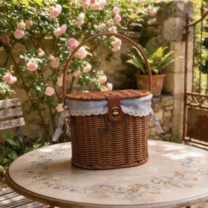 Faux rattan storage basket with arched handle and white lace-trimmed lid