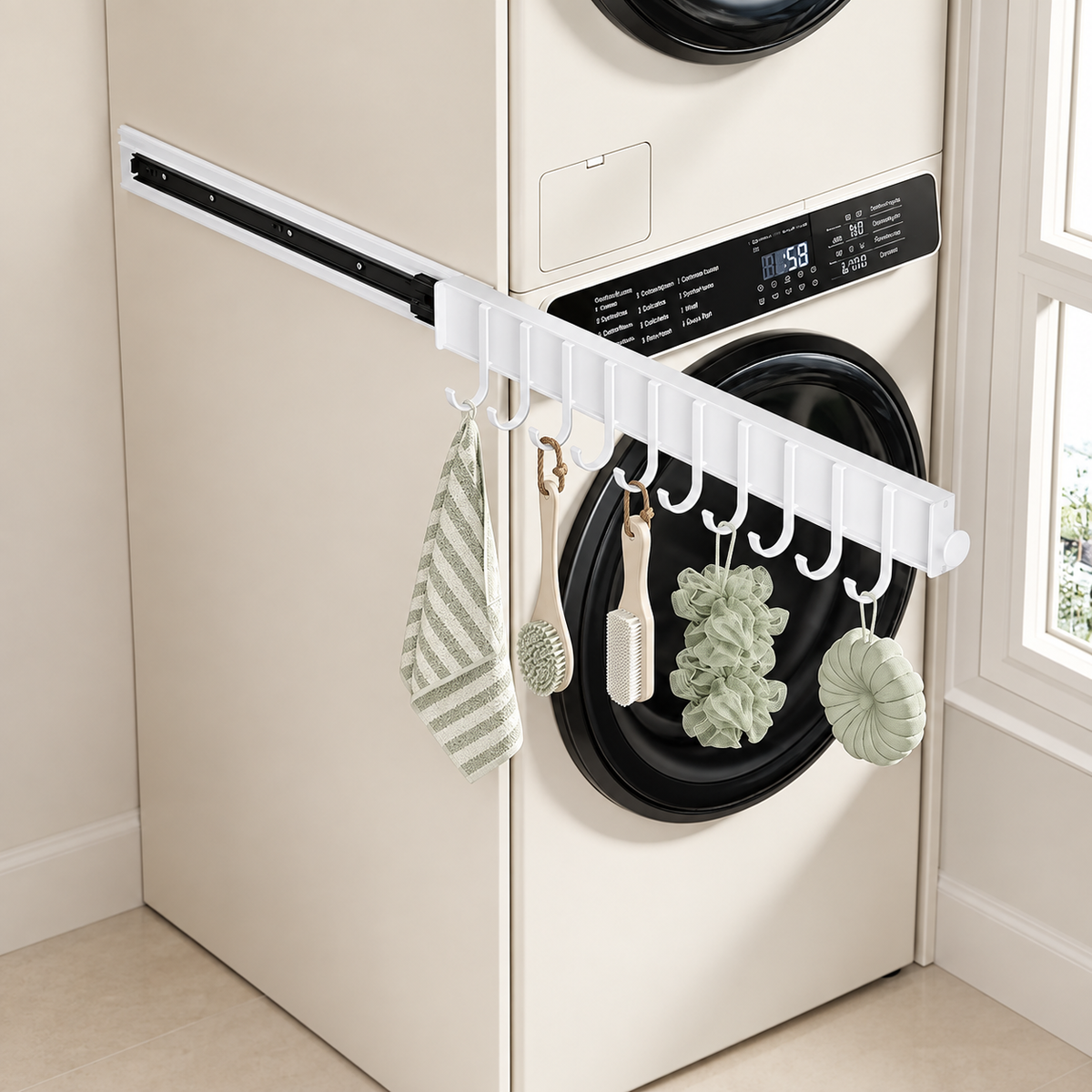 White pull-out sliding hook rail with multiple hooks holding towels and bath sponges on appliance
