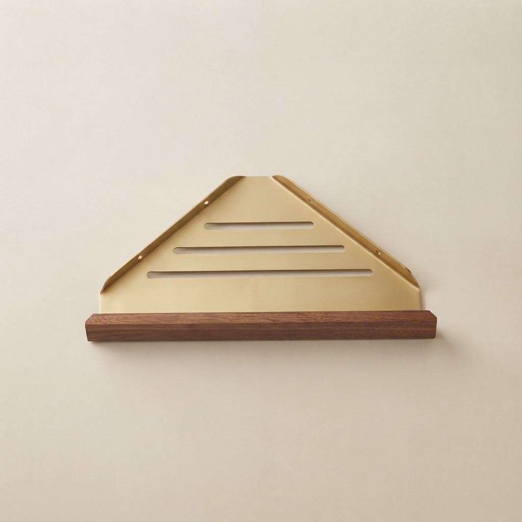 Walnut wood floating shelf with gold slatted drainage insert and curved guard frame