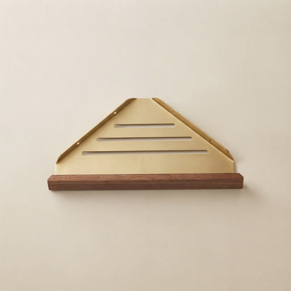 Walnut wood floating shelf with gold slatted drainage insert and curved guard frame