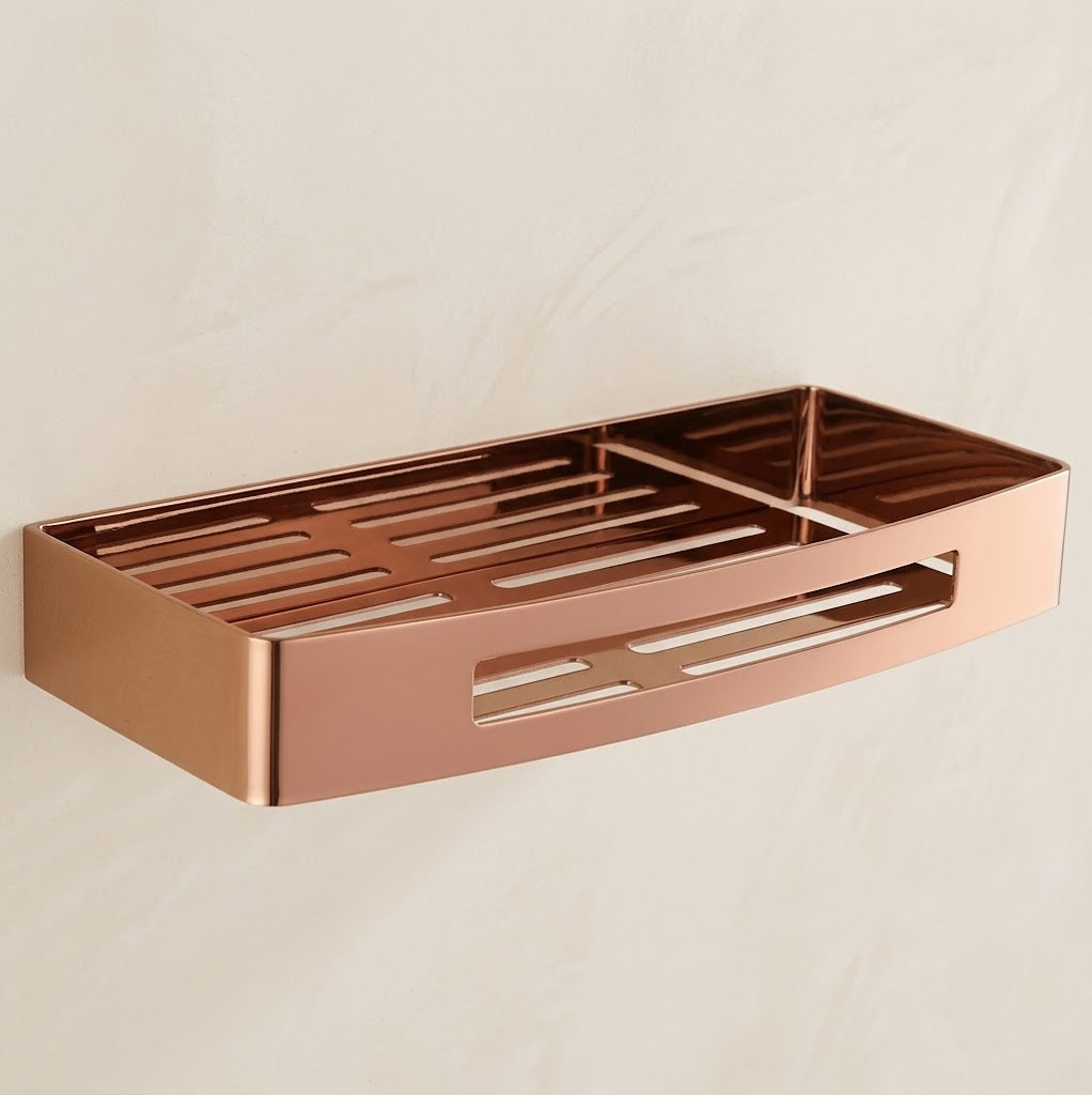 Rose gold stainless steel wall shower caddy tray with drainage slots, single tier.