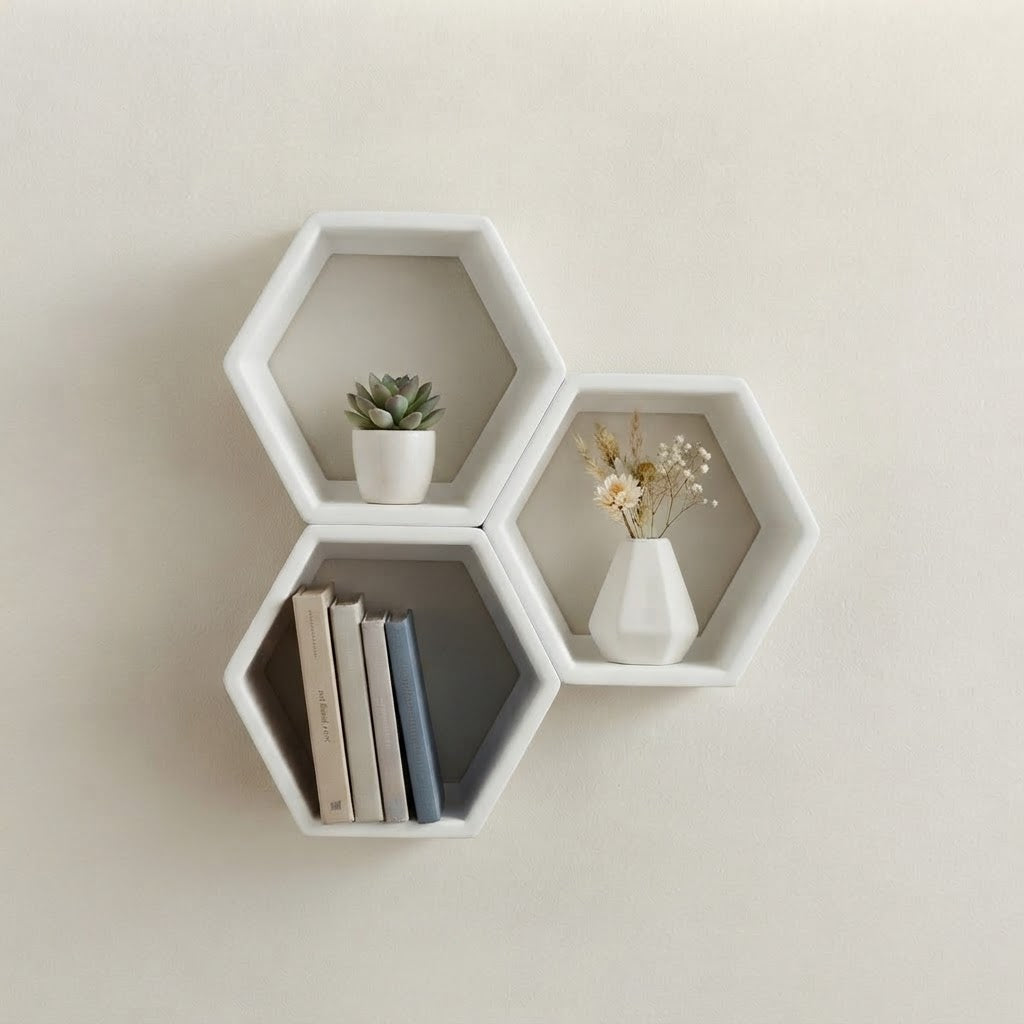White hexagon floating wall shelves set of three, open hexagon frames