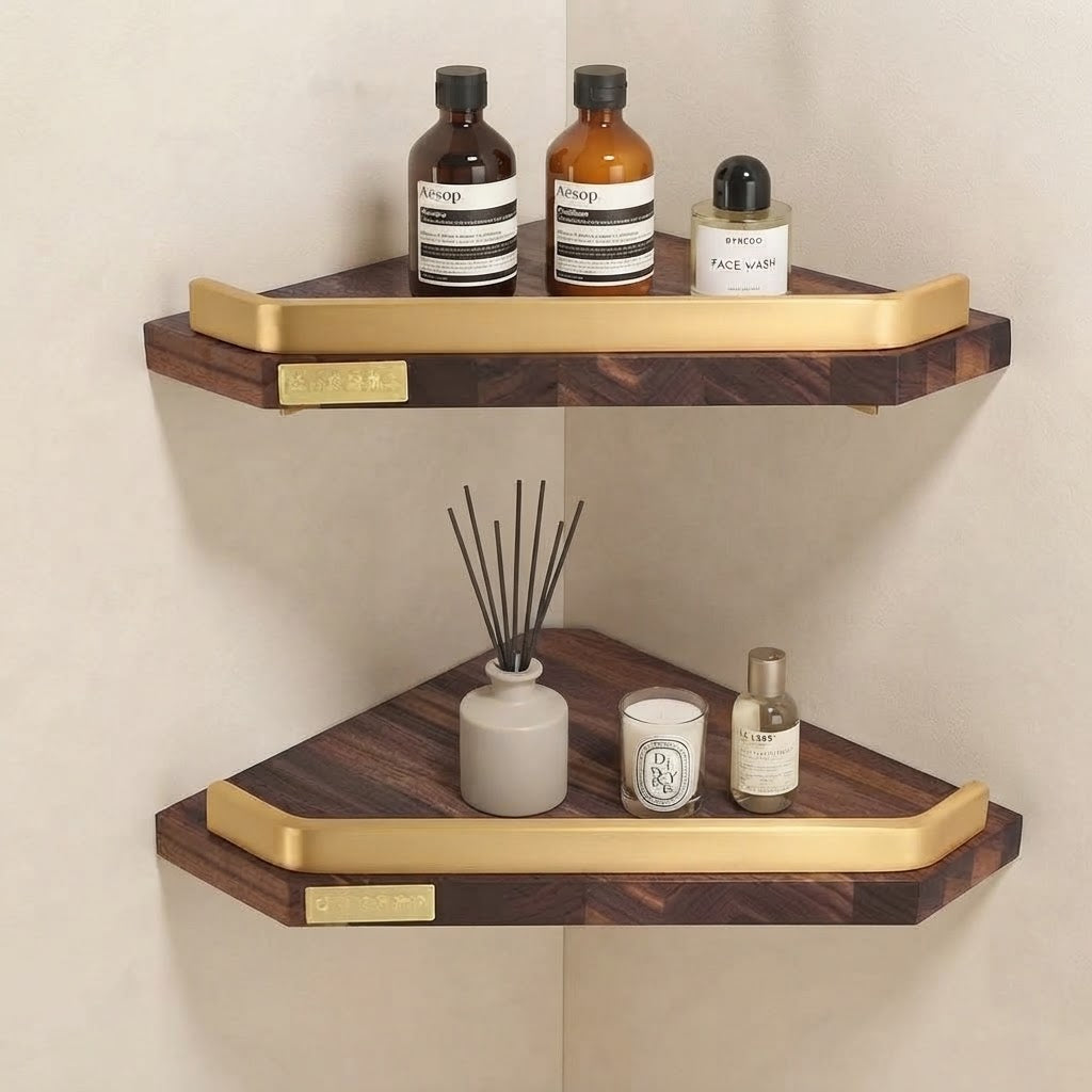 Walnut wood floating corner shelf with gold guard rails, two-tier set