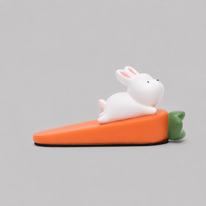 Rabbit-shaped door stop, white rabbit on orange base with green tail detail.