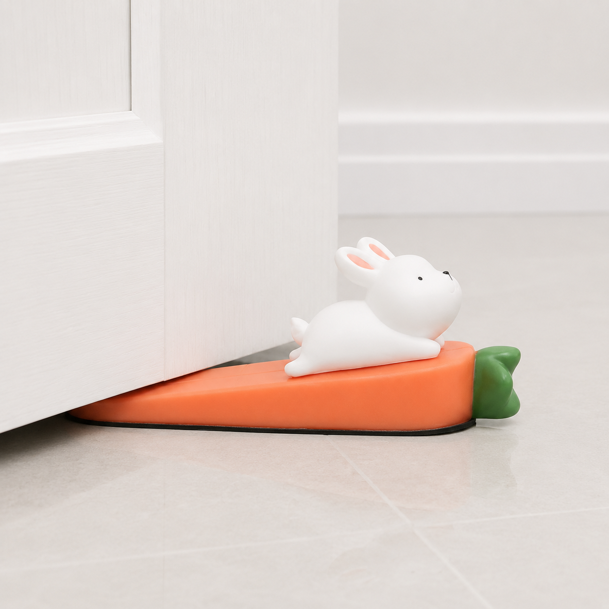 Rabbit-shaped door stop, white rabbit on orange base with green tail and black edge.
