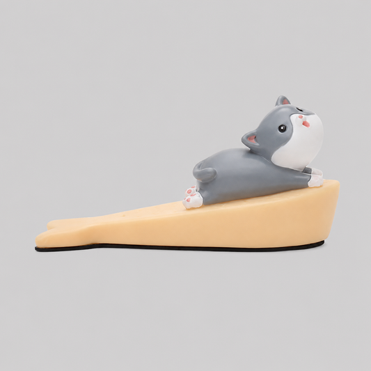 Cat-shaped door stop, gray and white on beige base with black edge.