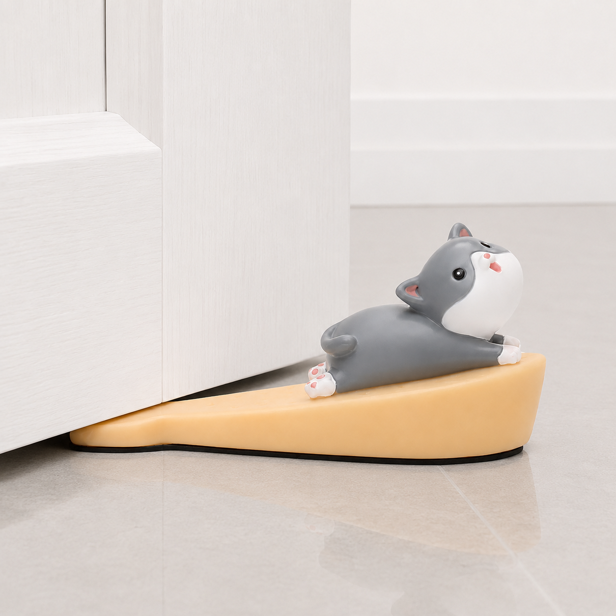 Cat-shaped door stop, gray and white figure on beige base with black trim.