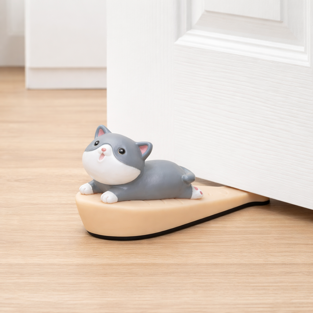 Cat-shaped door stop, gray and white cat on beige base with black border.