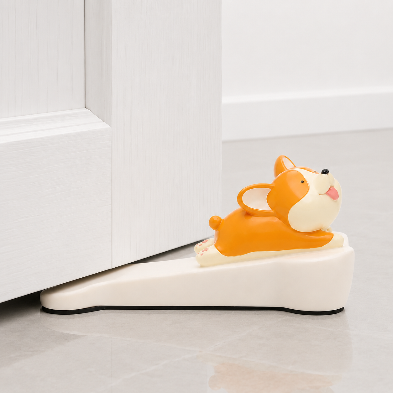Cat-shaped door stop, orange figure with white face on white base for doors.