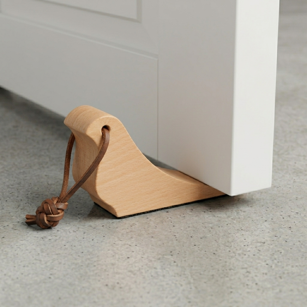 Beech wooden bird-shaped door stop wedged under a door
