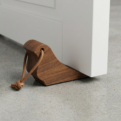 Walnut wooden door stop shaped like a bird, wedged under a door