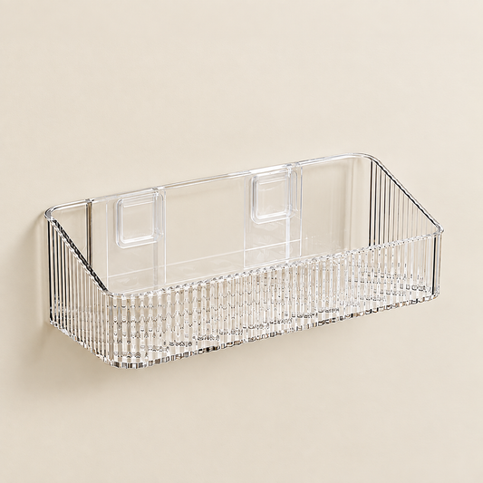 Transparent fluted acrylic shower caddy, open rectangular basket with ridged sides