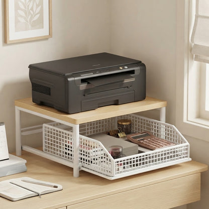 White pull-out kitchen basket rack with wooden top and open wire baskets