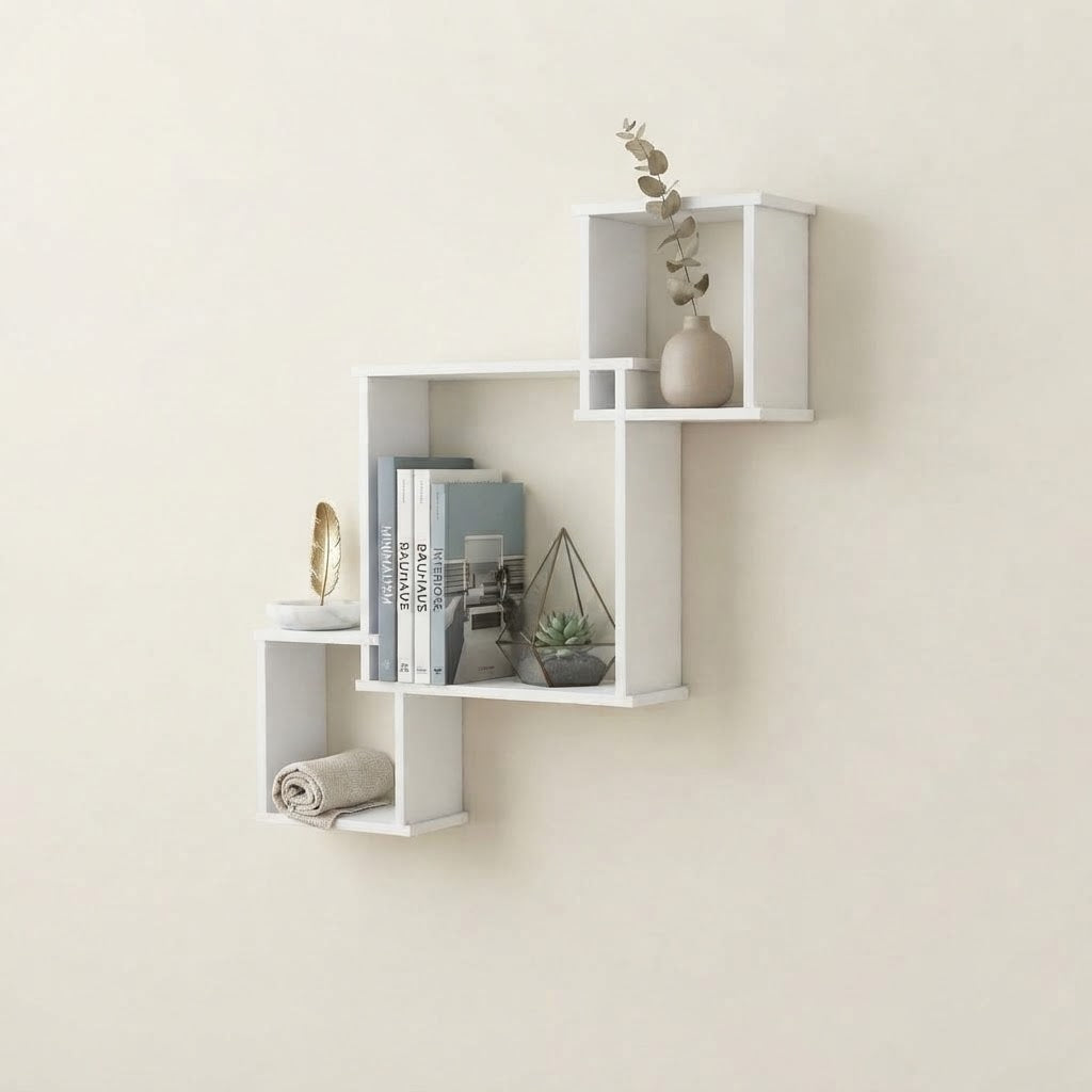 White wall cube shelves with open cubbies, styled with vase and books