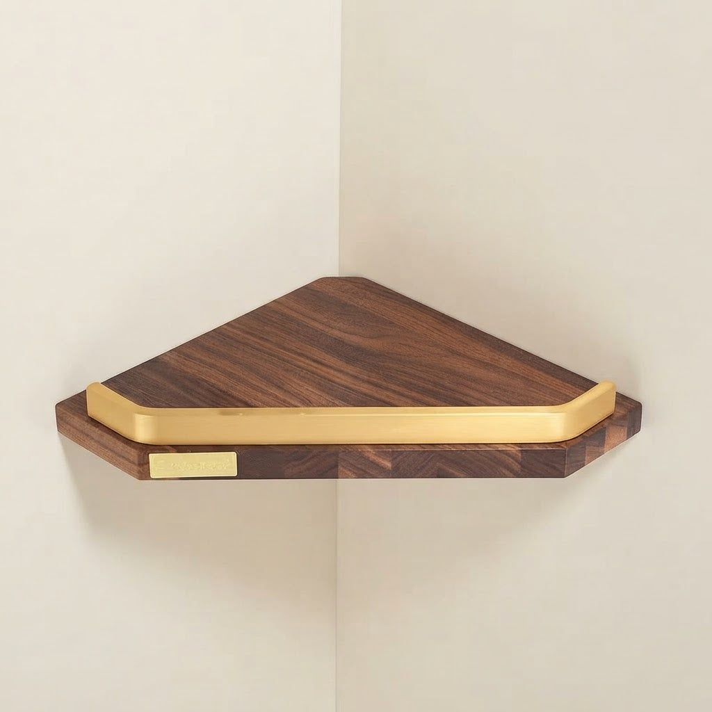 Walnut wood floating corner shelf with gold guard rail, single tier
