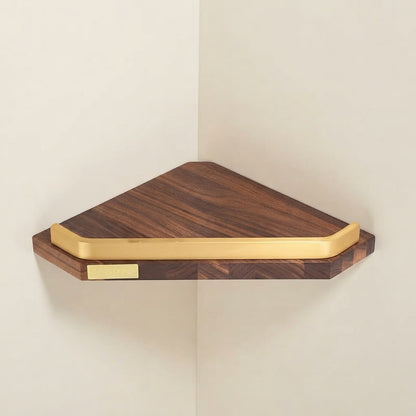 Walnut wood floating corner shelf with gold guard rail, single tier