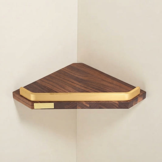 Walnut wood floating corner shelf with gold guard rail, single tier