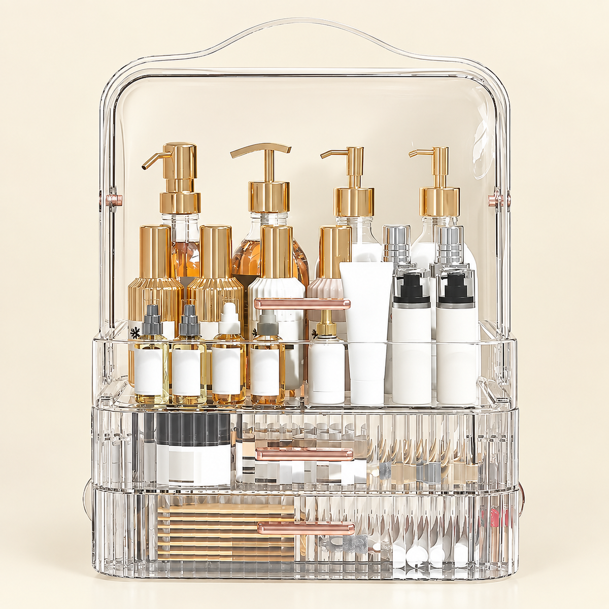 Clear multi-tier makeup organiser with lid, stacked compartments for cosmetic bottles
