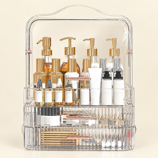 Clear multi-tier makeup organiser with lid, stacked compartments for cosmetic bottles