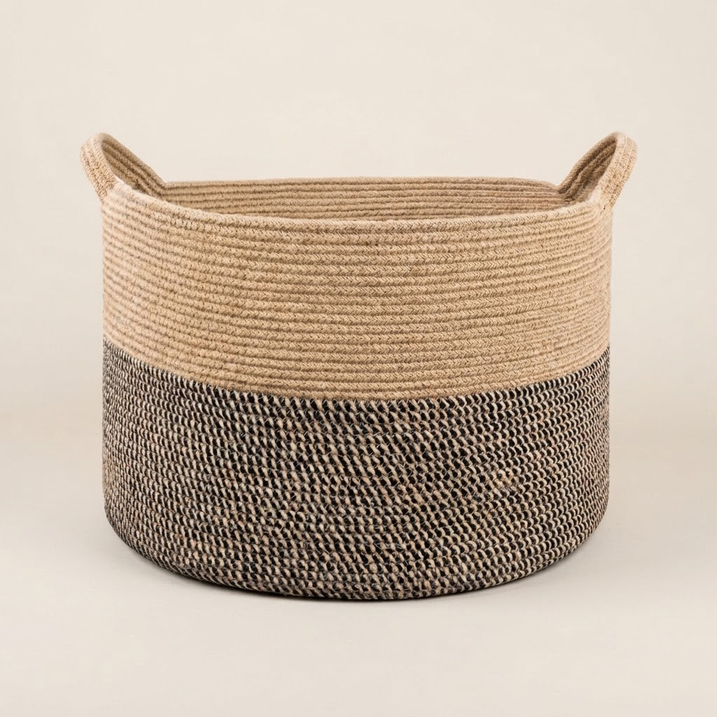 Two-tone woven rope storage basket with rounded handles, light beige and dark brown.