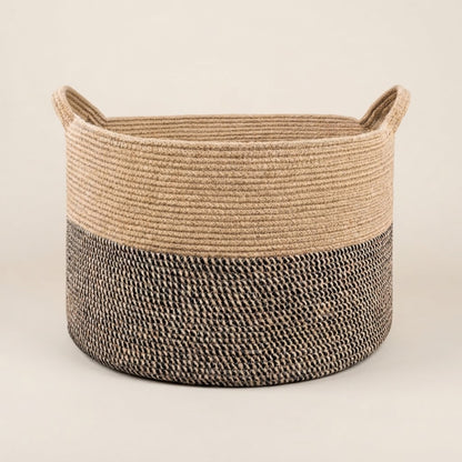 Two-tone woven rope storage basket with rounded handles, light beige and dark brown.