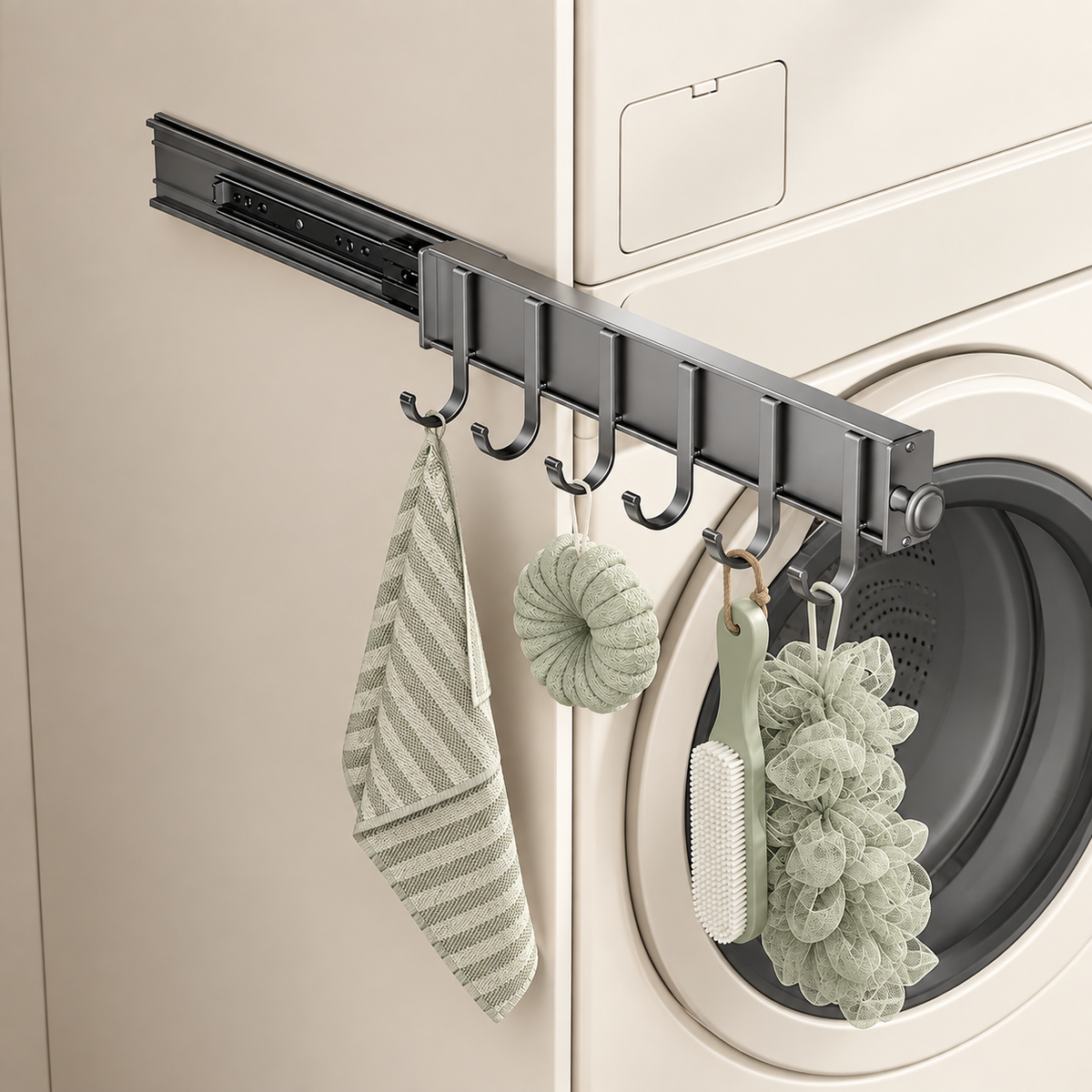 Dark sliding hook rail on side wall with curved hooks holding bath accessories