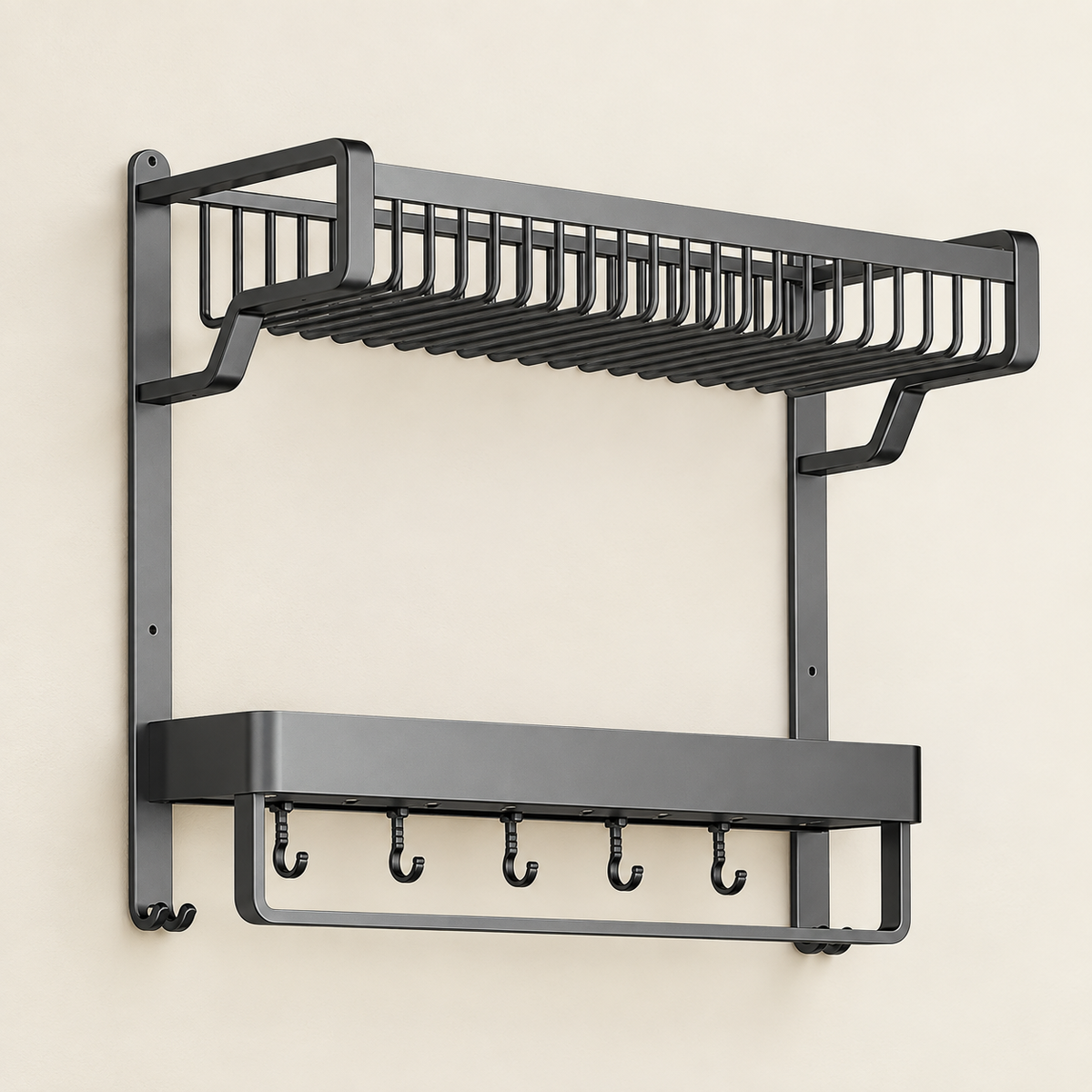 Wall-mounted bathroom aluminum shelf with towel bar, bottle rack, and hooks, dark gray