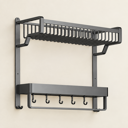 Wall-mounted bathroom aluminum shelf with towel bar, bottle rack, and hooks, dark gray