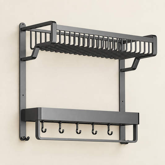 Wall-mounted bathroom aluminum shelf with towel bar, bottle rack, and hooks, dark gray