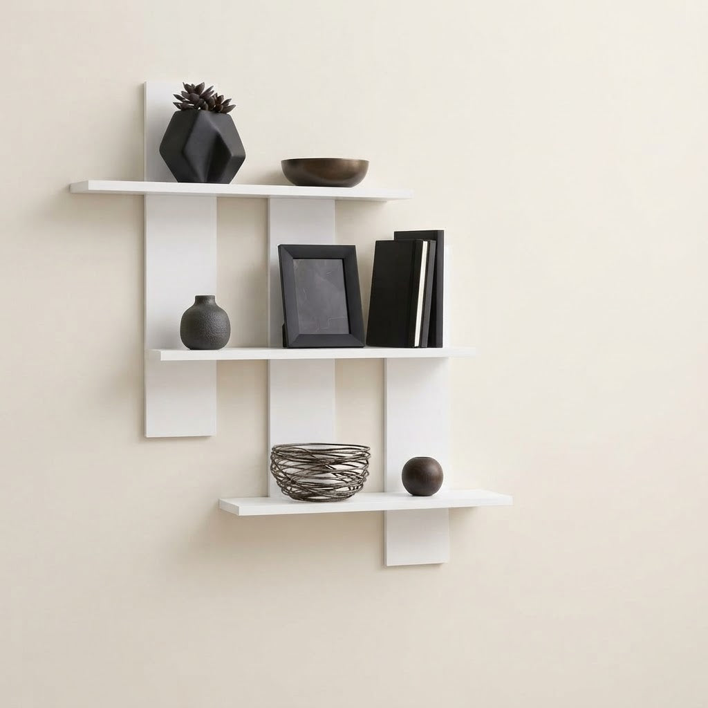 White asymmetrical three-tier floating wall shelf with staggered ledges, wall-mounted