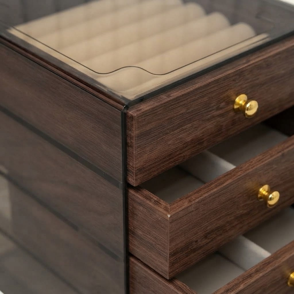 Walnut wood jewelry box with stacked drawers and gold round knobs