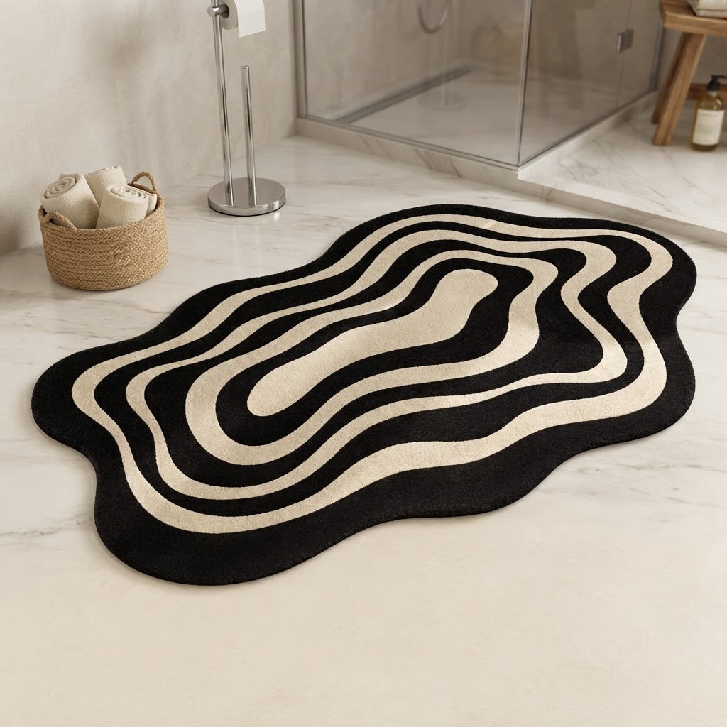 Black and beige wavy ripple diatomite-style non-slip bath mat near shower