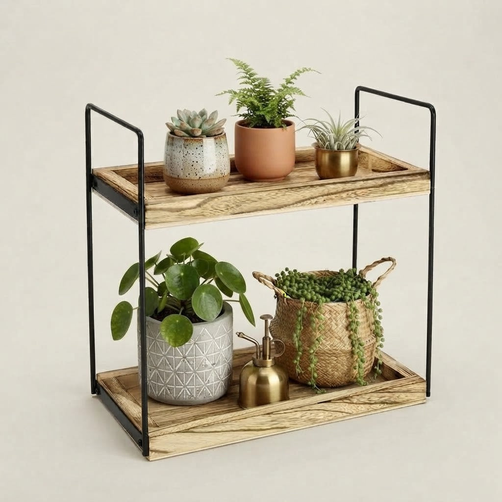 2-tier wooden worktop rack with black metal frame and open shelves