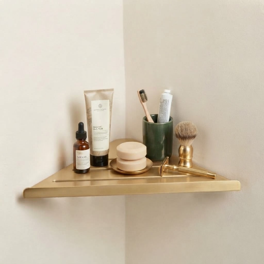 Golden stainless steel slatted corner shelf with three bar openings.