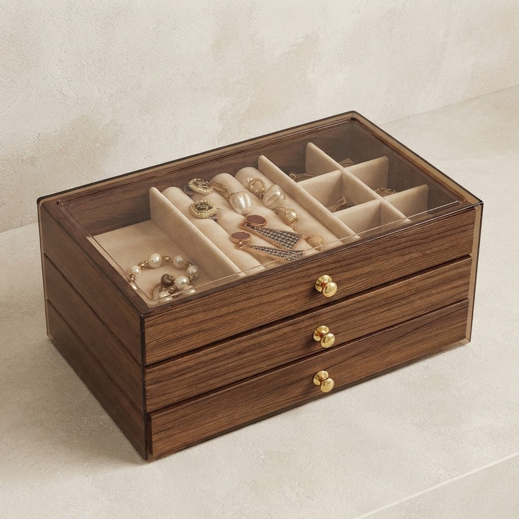 Walnut wooden jewellery box with clear lid and padded insert trays for rings, necklaces, and earrings