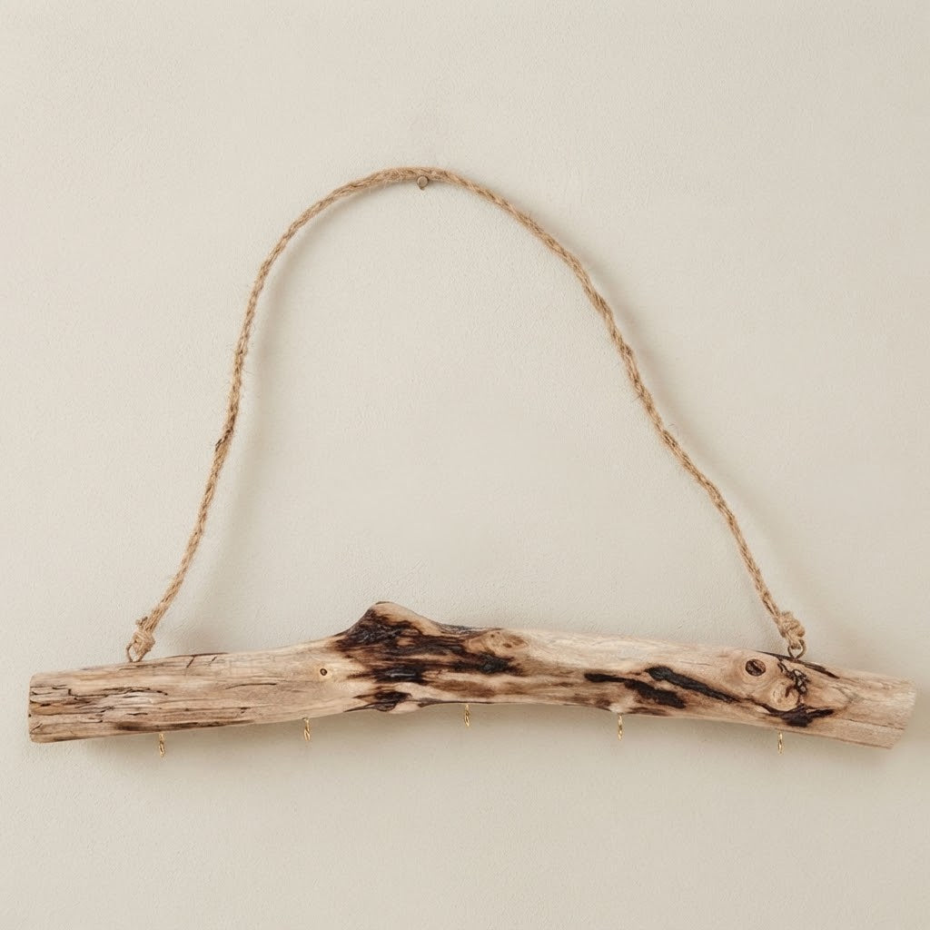 Rustic driftwood multi-hook rail with rope hanger and small metal hooks on branch wood
